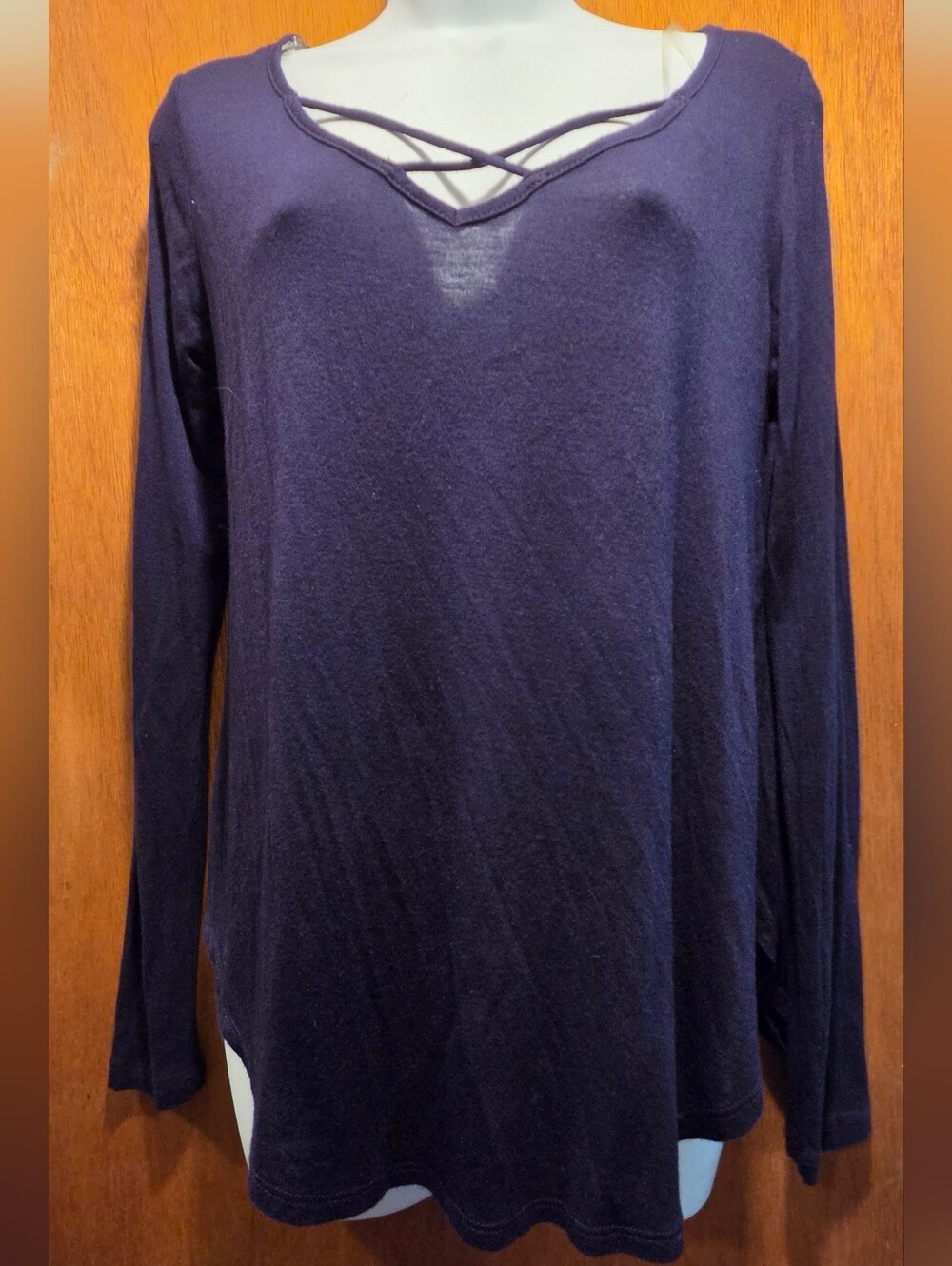 Bozzolo Navy Crisscross Neck Long Sleeve Tee SzM - Picture 4 of 8